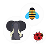bouton avec un éléphant, une abeille et une coccinelle